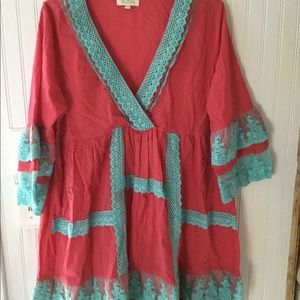 Velzera Pink Aqua Tunic Blouse  Medium Lace Boho
